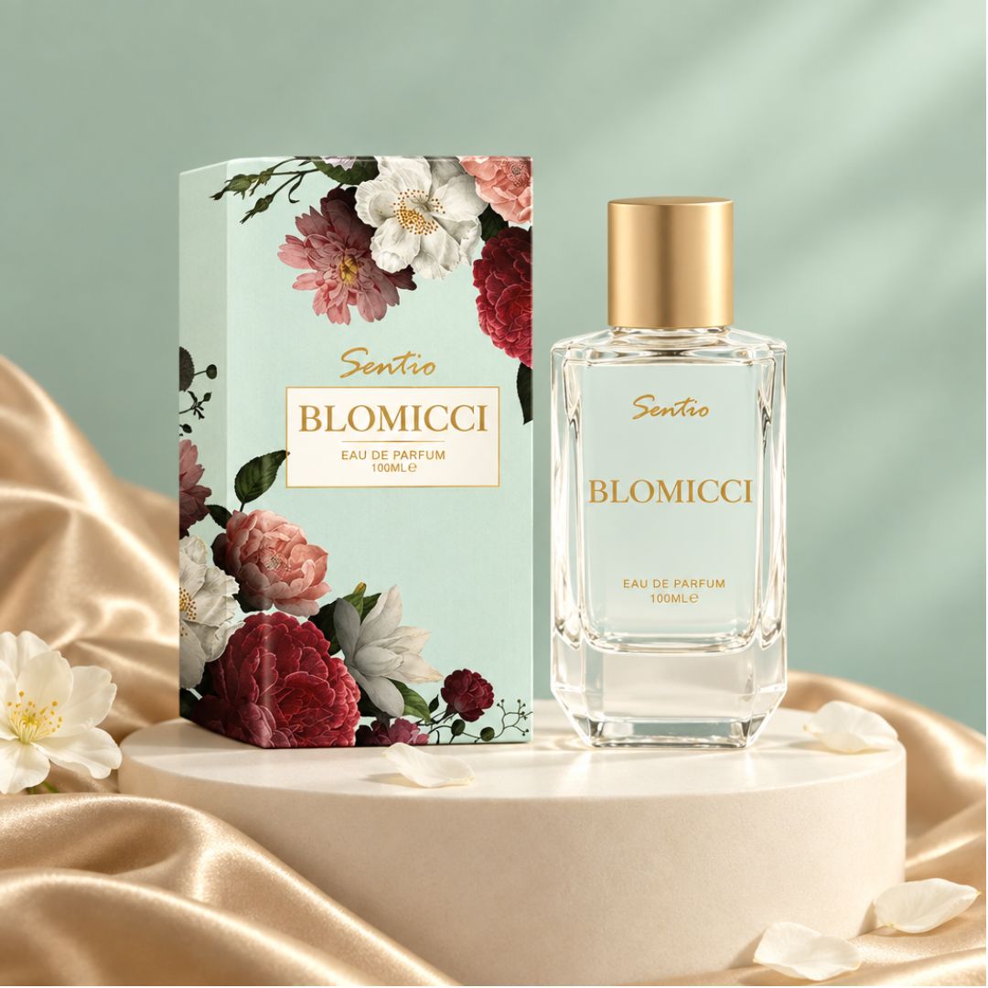 Sentio Blomicci 100ml EDP on a podium with a satin sheet and lily to the left