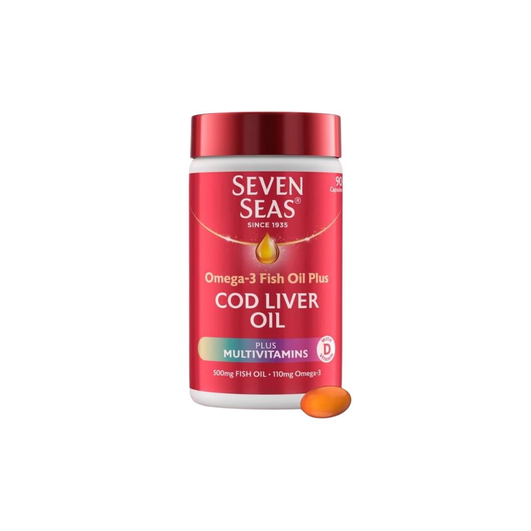 Seven Seas Cod Liver Oil Plus Multivitamins 90 Capsules container on a white background