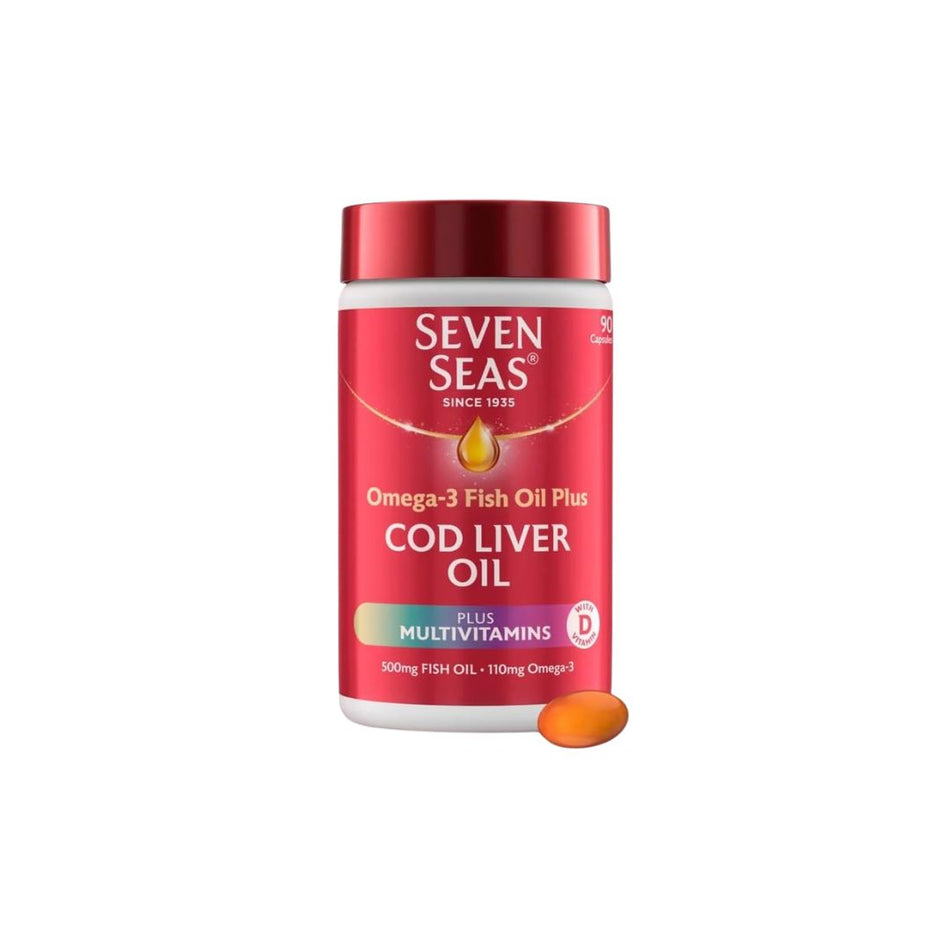 Seven Seas Cod Liver Oil Plus Multivitamins 90 Capsules container on a white background