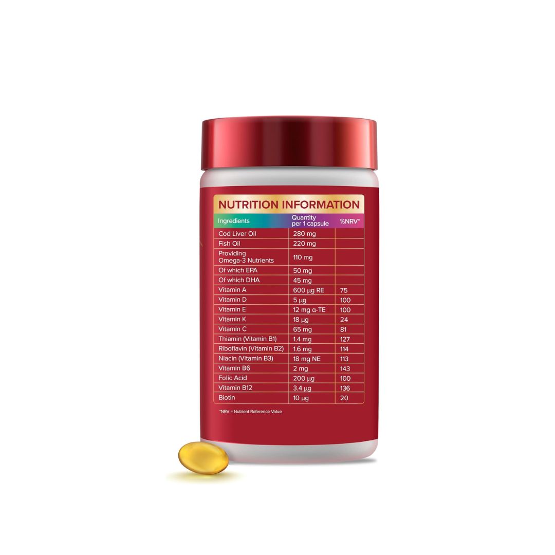 Seven Seas Cod Liver Oil Plus Multivitamins 90 Capsules nutritional information chart