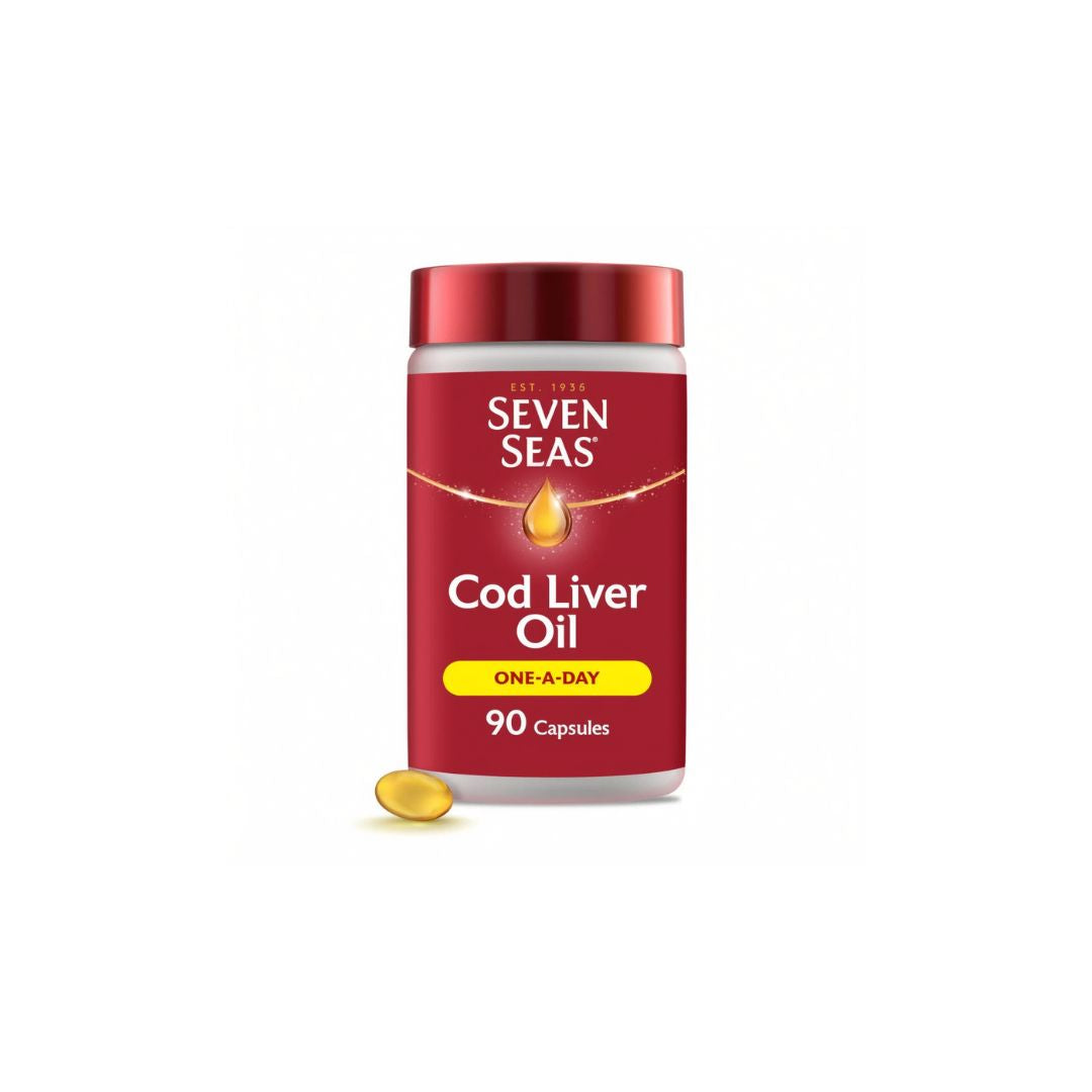 Seven Seas Cod Liver Oil One-A-Day 90 Capsules container on a white background