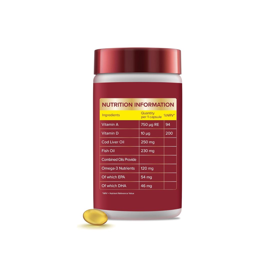 Seven Seas Cod Liver Oil One-a-Day nutritional information on a white background