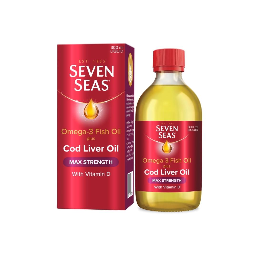 Seven Seas Cod Liver Oil Max Strength 300ml container and bottle on a white background