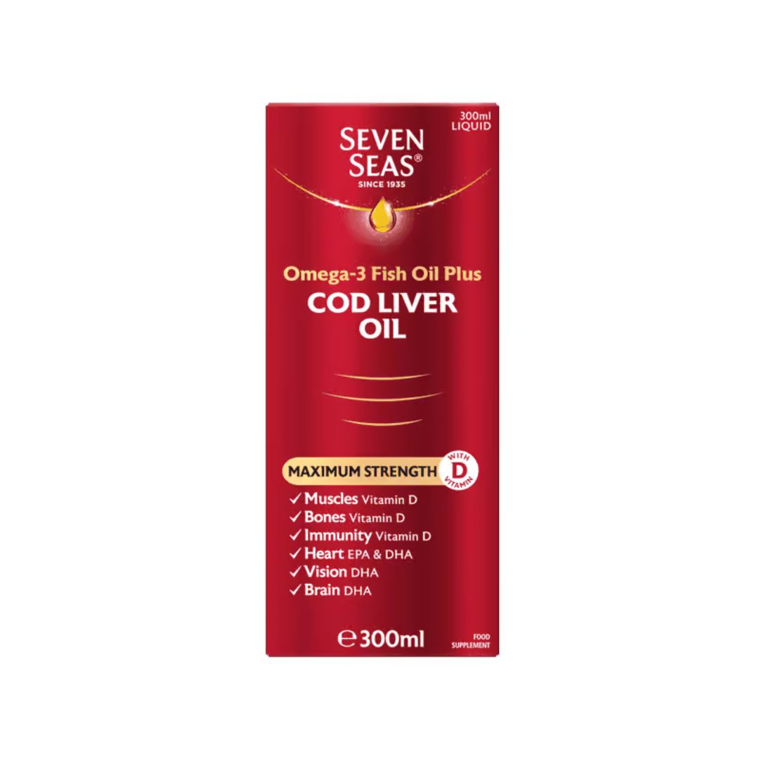 Seven Seas Cod Liver Oil Max Strength 300ml packaging on a white background