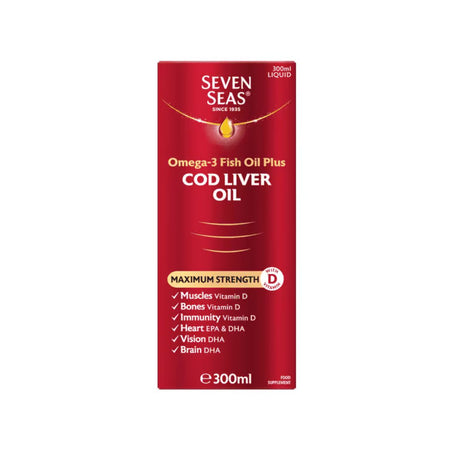 Seven Seas Cod Liver Oil Max Strength 300ml packaging on a white background