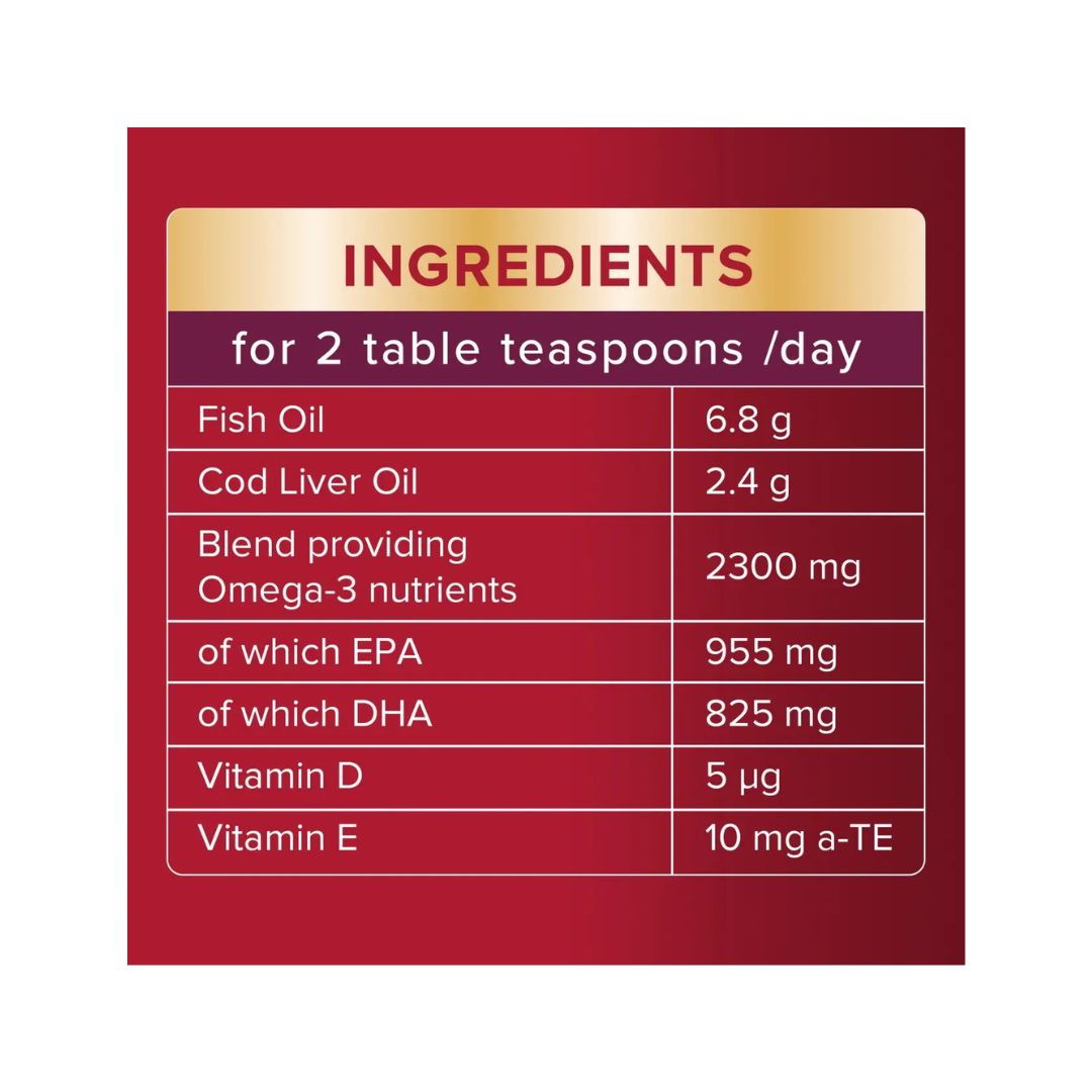 Seven Seas Cod Liver Oil Max Strength 300ml nutritional information chart