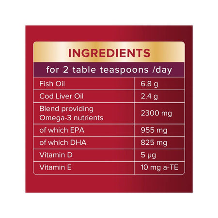 Seven Seas Cod Liver Oil Max Strength 300ml nutritional information chart