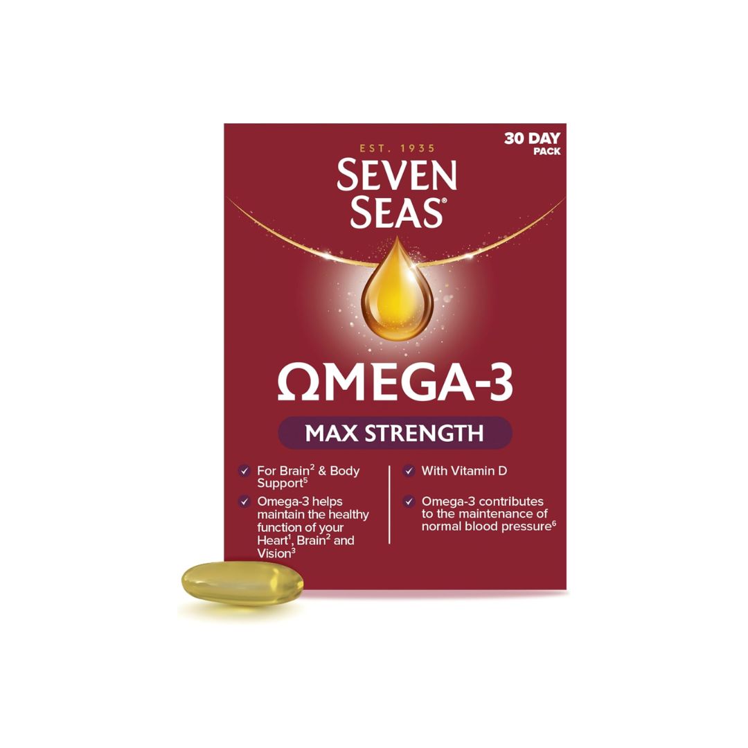Seven Seas Omega-3 Max Strength 30 Day Supply container on a white background