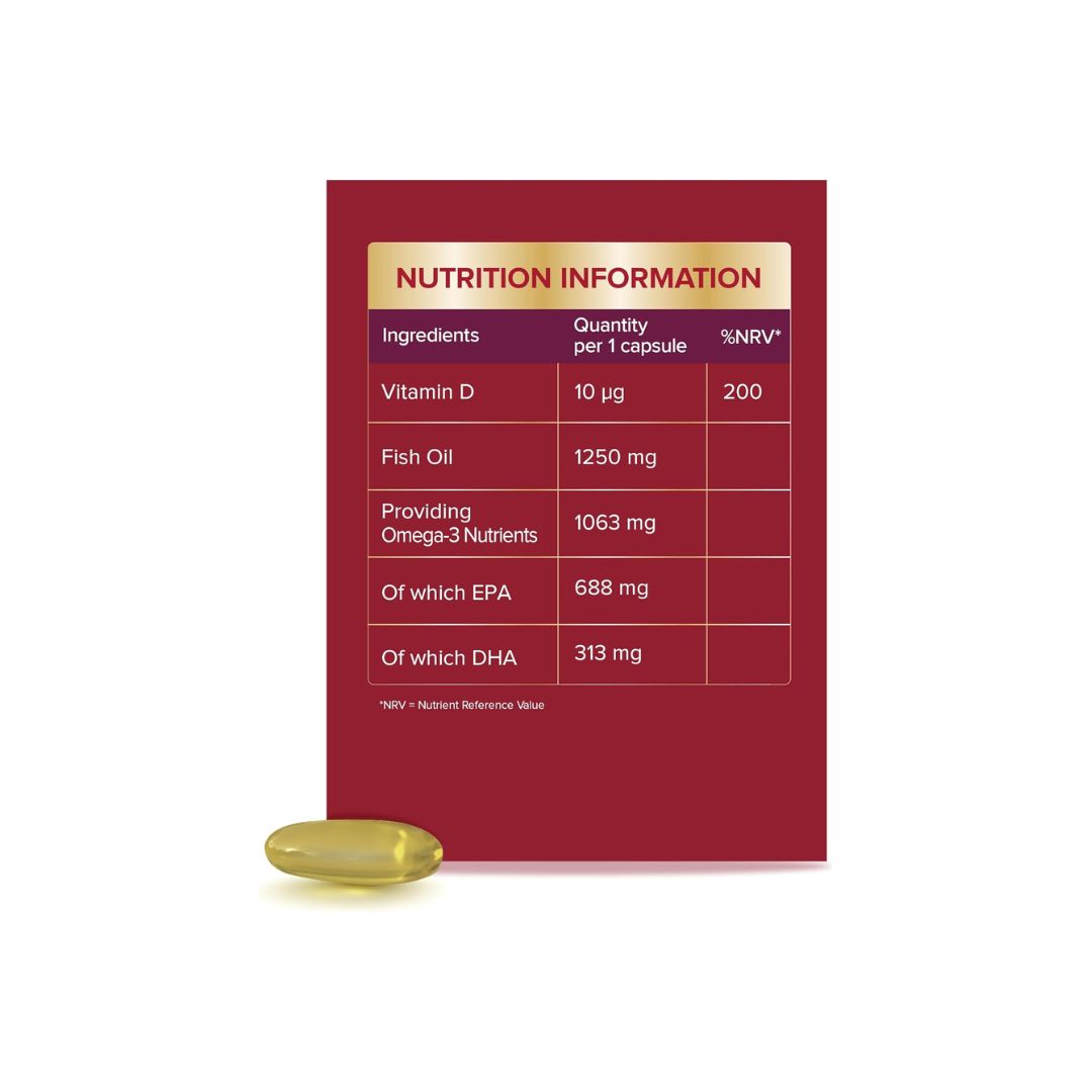 Seven Seas Omega-3 Max Strength 30 Day Supply nutritional information on a white background