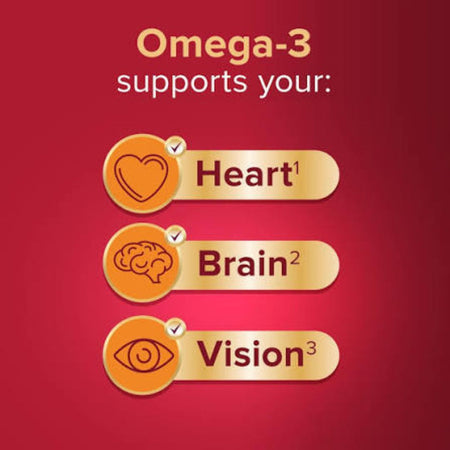 Omega-3 supports your: graphic with three gold rounded bars on a red background, labeled Heart, Brain, and Vision with corresponding icons.