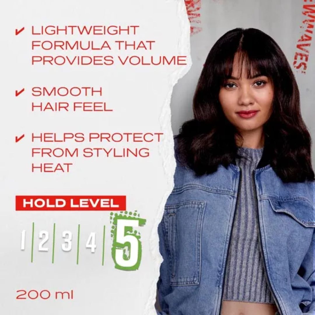 Woman with styled hair next to product features and branding on a white background