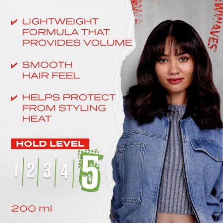 Woman with styled hair next to product features and branding on a white background
