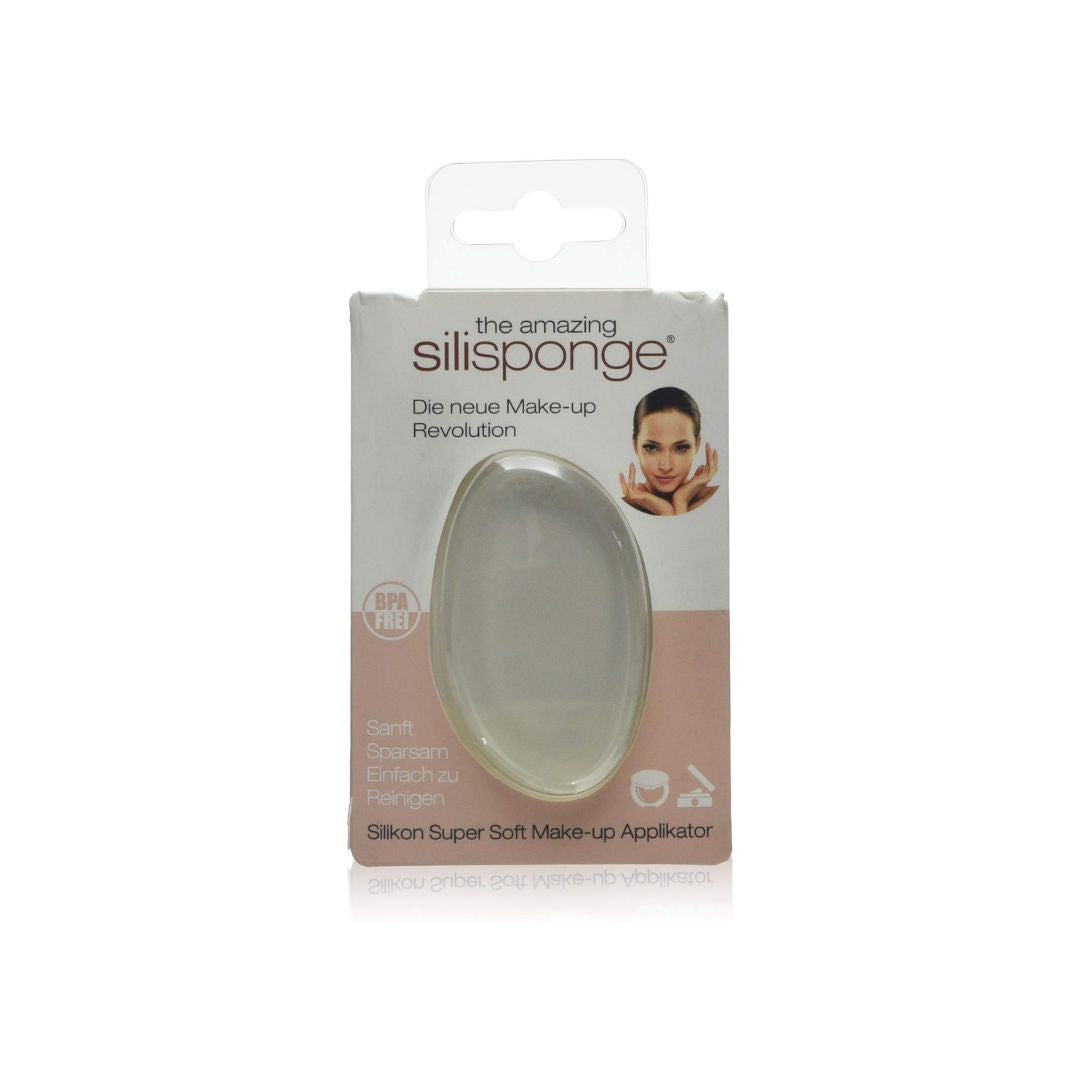 Silisponge silicone soft make-up applicator in its original retail packaging, featuring a white and pink box with a clear window showing the oval-shaped applicator.
