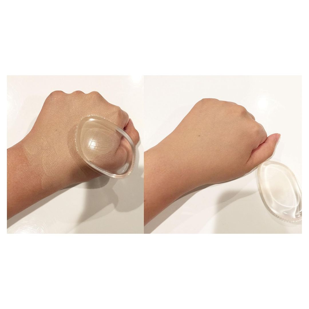 A split-screen demonstration showing a clear, semi-translucent silicone grip pad or handle being pressed onto the back of a hand, with the detached piece visible on a white surface.