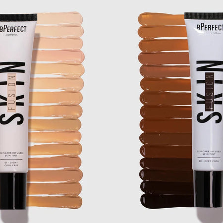 Two tubes of BB Perfect Skin Fusion foundation with color swatches on a white background