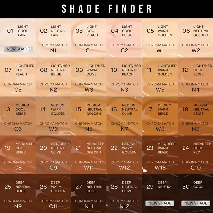 A shade finder chart displaying 30 color swatches organized in a grid under the title 'SHADE FINDER'. The swatches range from light cream and beige to deep brown and olive tones, each labeled with its shade name and number (e.