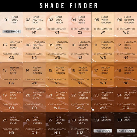 A shade finder chart displaying 30 color swatches organized in a grid under the title 'SHADE FINDER'. The swatches range from light cream and beige to deep brown and olive tones, each labeled with its shade name and number (e.