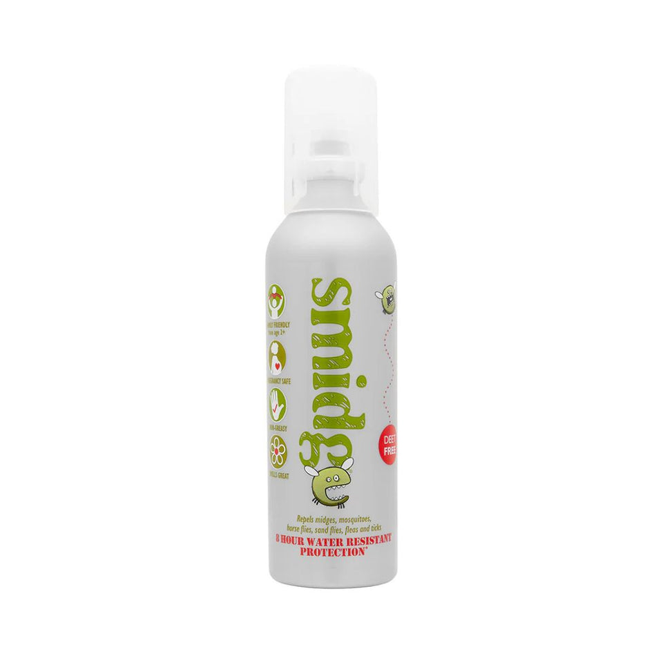 A white bottle of Smidge bug repellent spray with green and red text, shown against a plain white background.