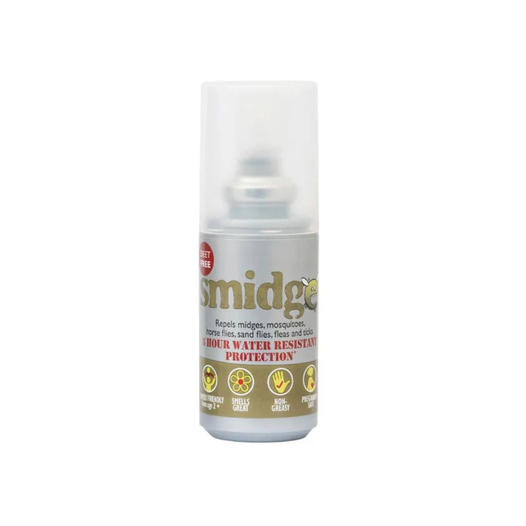 A bottle of Smidge Midge Water Resistant Protection spray, featuring a clear cap and a silver and gold label, shown against a plain white background.