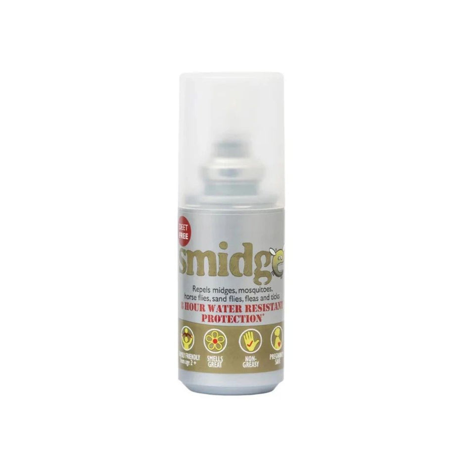 A bottle of Smidge Midge Water Resistant Protection spray, featuring a clear cap and a silver and gold label, shown against a plain white background.