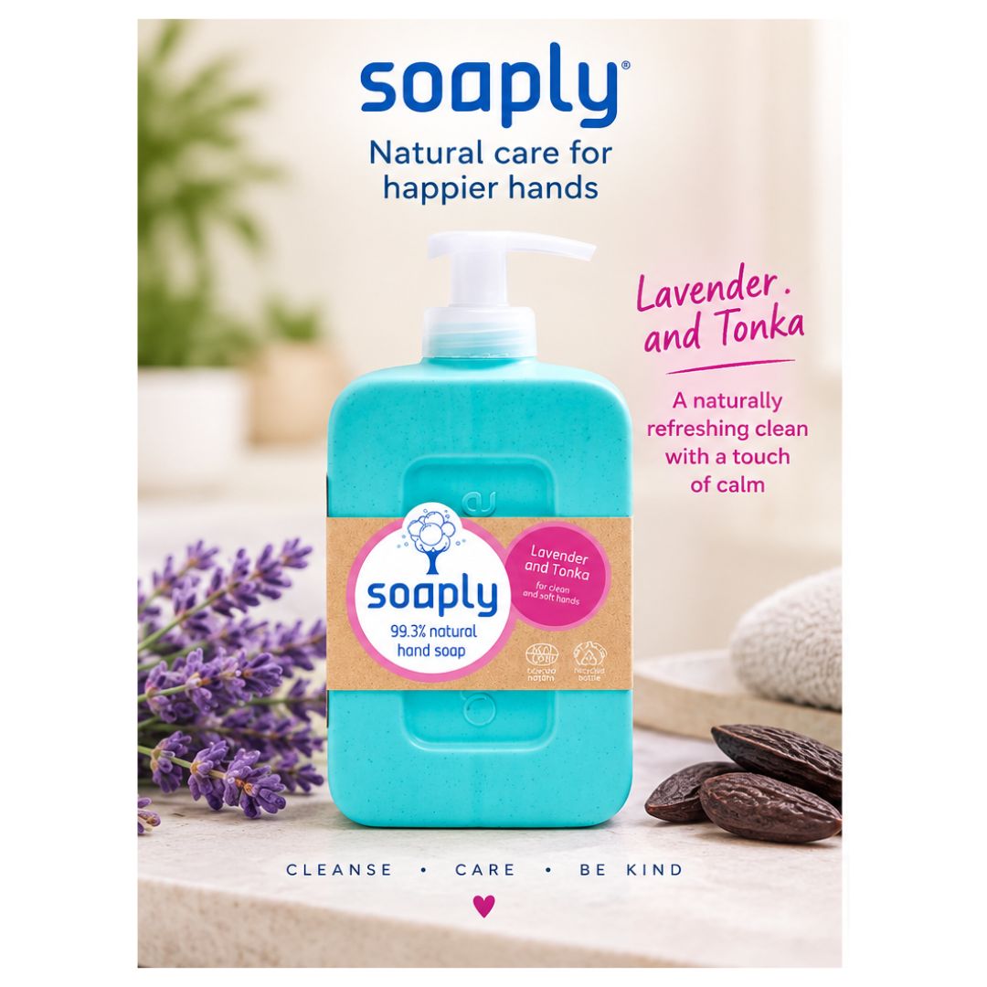 Soaply Lavender & Tonka Natural Hand Soap 300ml on a marble countertop with lavender to the left