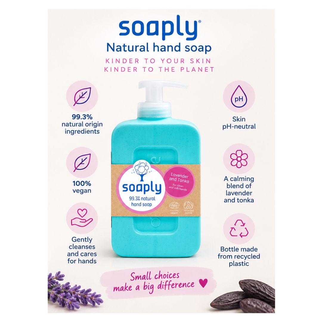 Soaply Lavender & Tonka Natural Hand Soap 300ml surrounded by product benefits