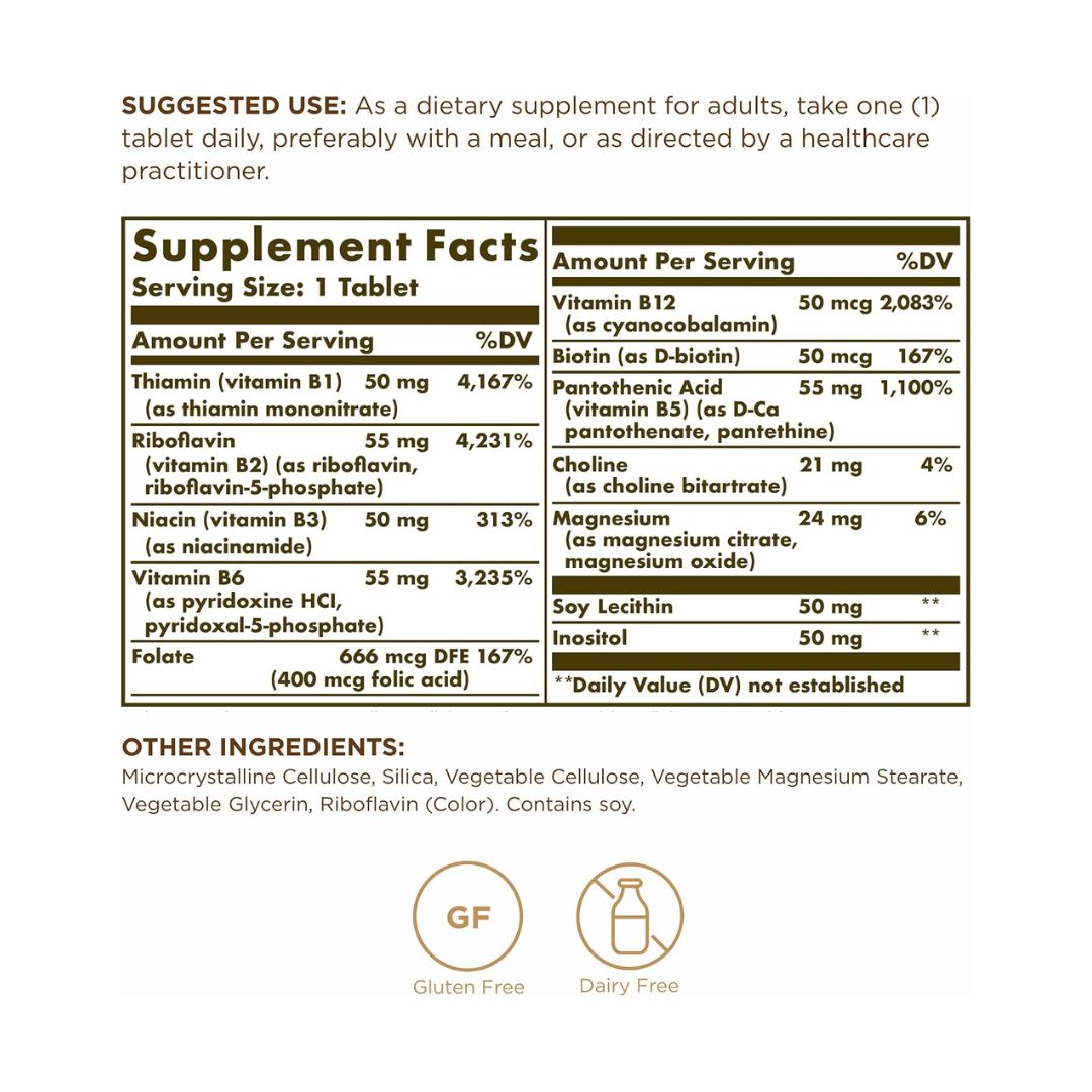 Solgar Megasorb Vitamin-B Complex 100 Tablets nutritional information chart