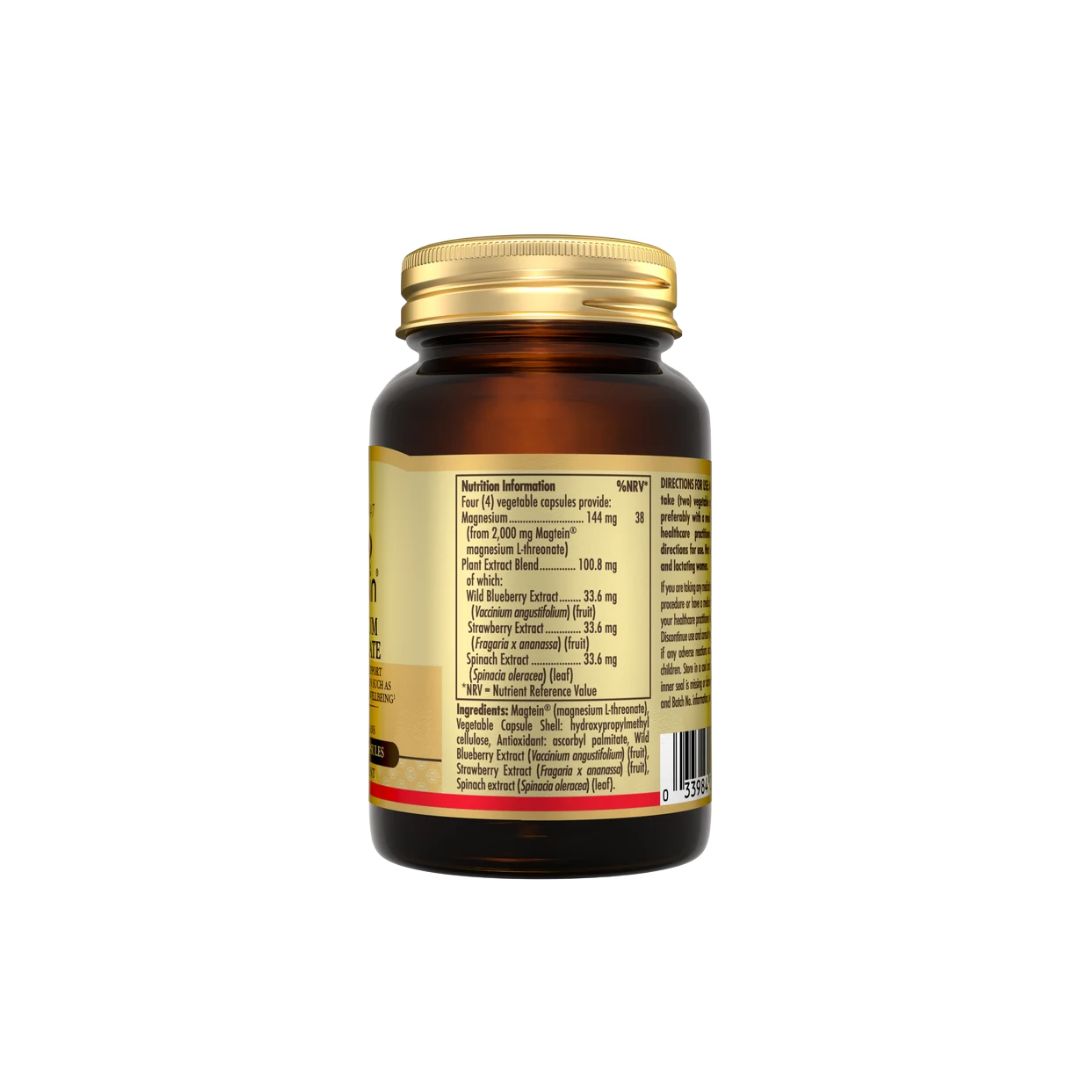 Solgar Magstein Magnesium L-Threonate container (nutritional information) on a white background