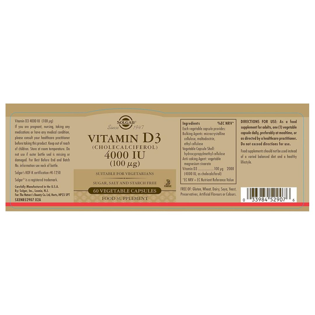 Solgar Vitamin D3 4000iu 60 Capsules label on a white background
