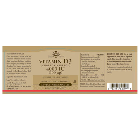 Solgar Vitamin D3 4000iu 60 Capsules label on a white background
