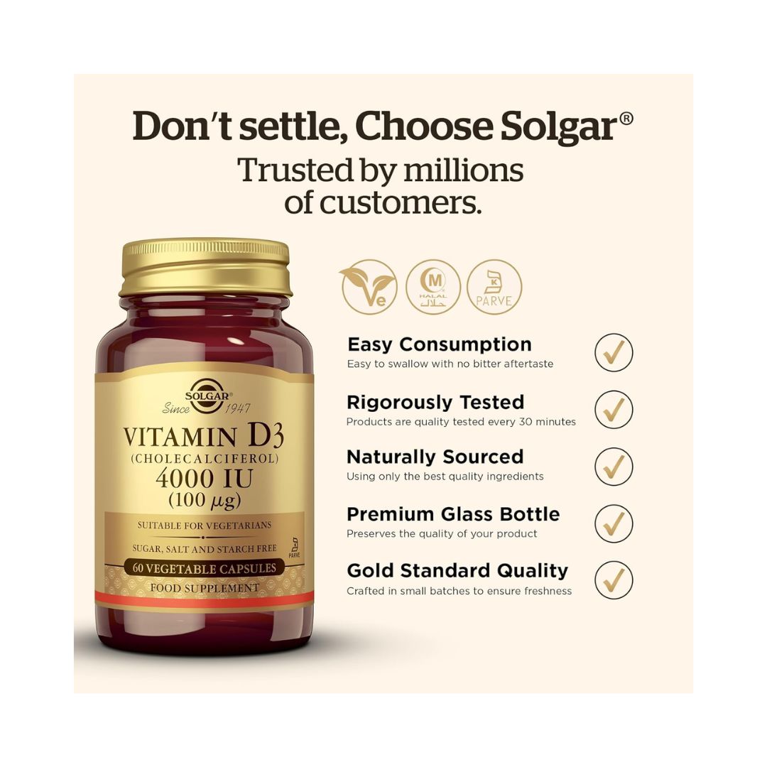 Solgar Vitamin D3 4000iu 60 Capsules key benefits graphic
