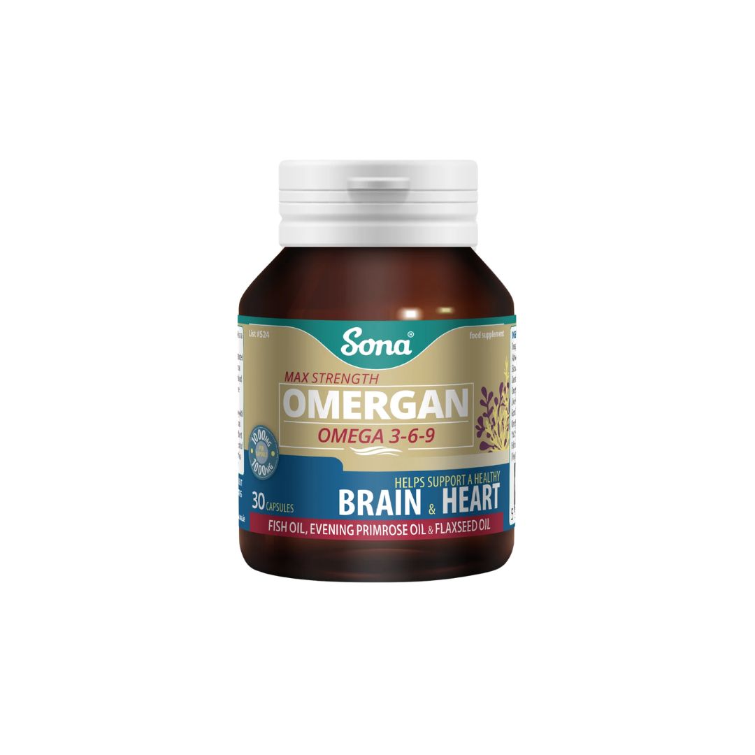 Sona Omergan 3-6-9 Fish Oil 30 Capsules container on a white background