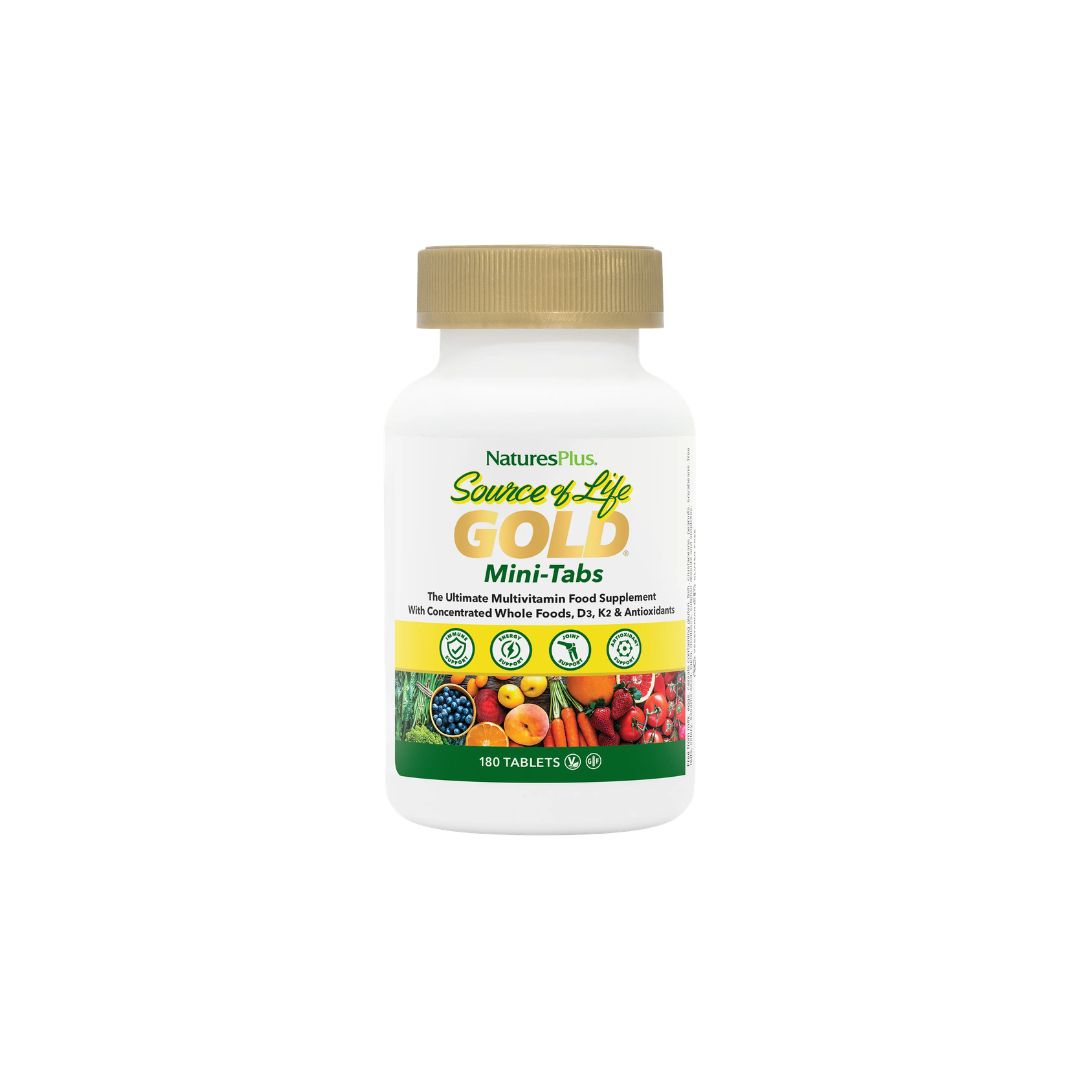 NaturesPlus Source of Life Gold 180 Mini-Tabs Container (front view) on a white background