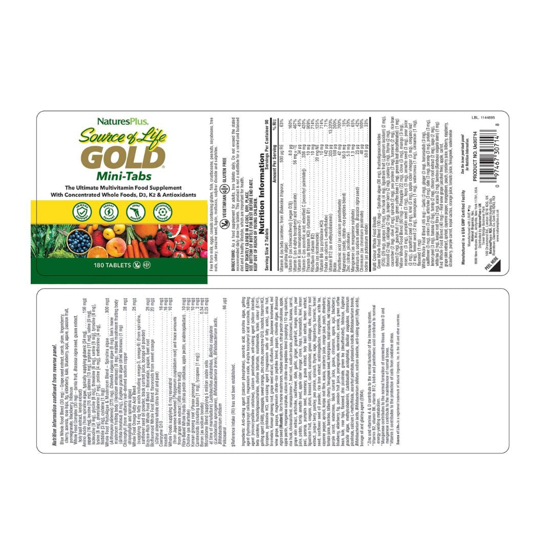 NaturesPlus Source of Life Gold 180 Mini-Tabs label on a white background