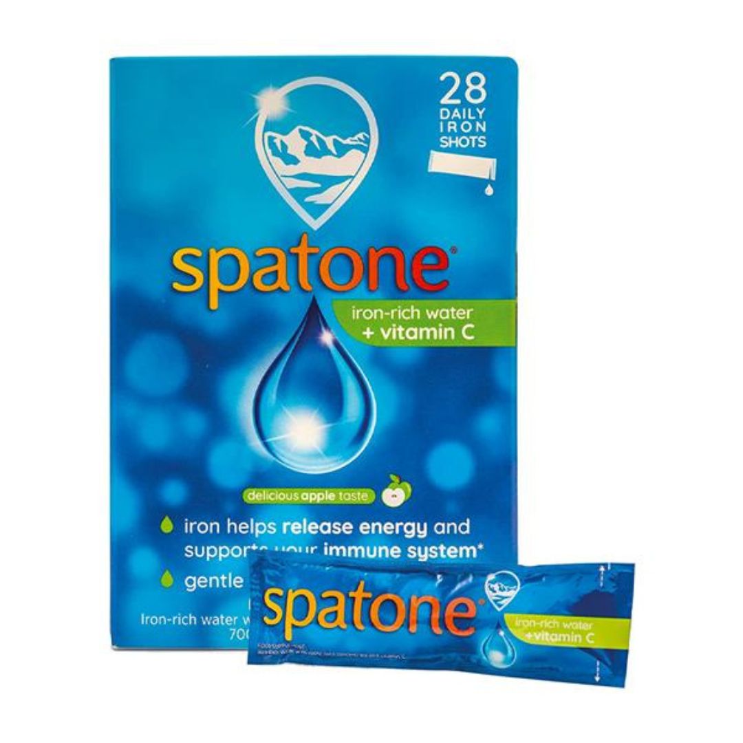 Spatone Iron-Rich Water + Vitamin C supplement box in blue packaging with two individual sachets placed in front on a white background.
