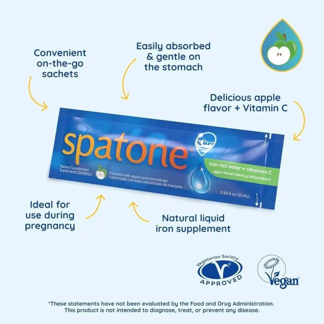 A product marketing graphic for Spatone dietary supplement sachets. The central subject is a blue single-serve sachet with orange 'spatone' branding.