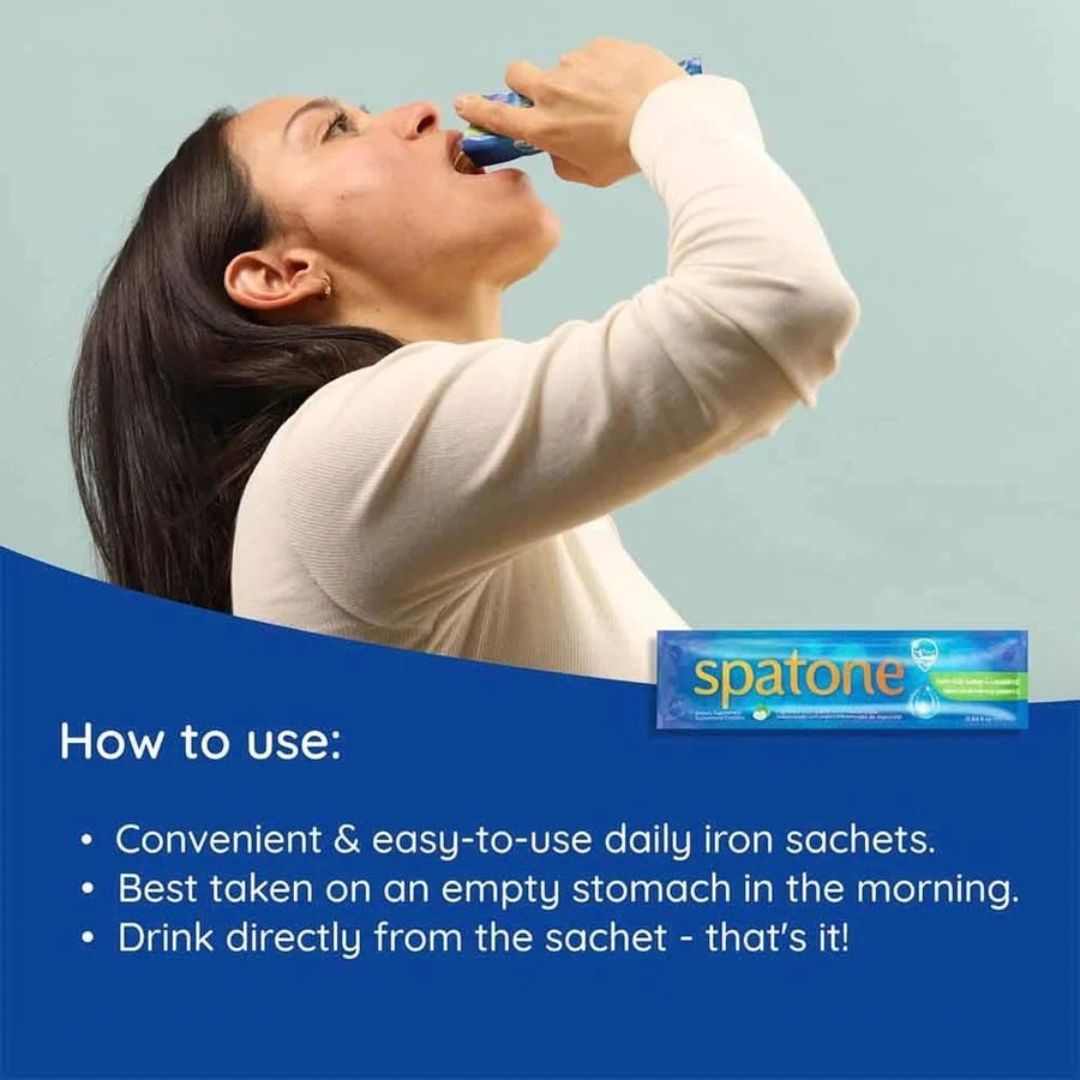 A woman in a cream long-sleeve top is shown drinking from a blue spatone iron sachet. The image includes a blue banner at the bottom with the text 'How to use:' and a list of instructions, plus a spatone logo.