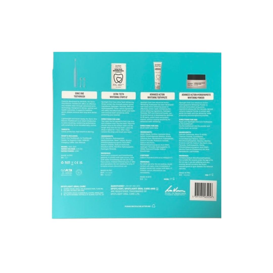 The back of a teal packaging box for a dental whitening kit, featuring product details, ingredients, and a barcode on a white background.