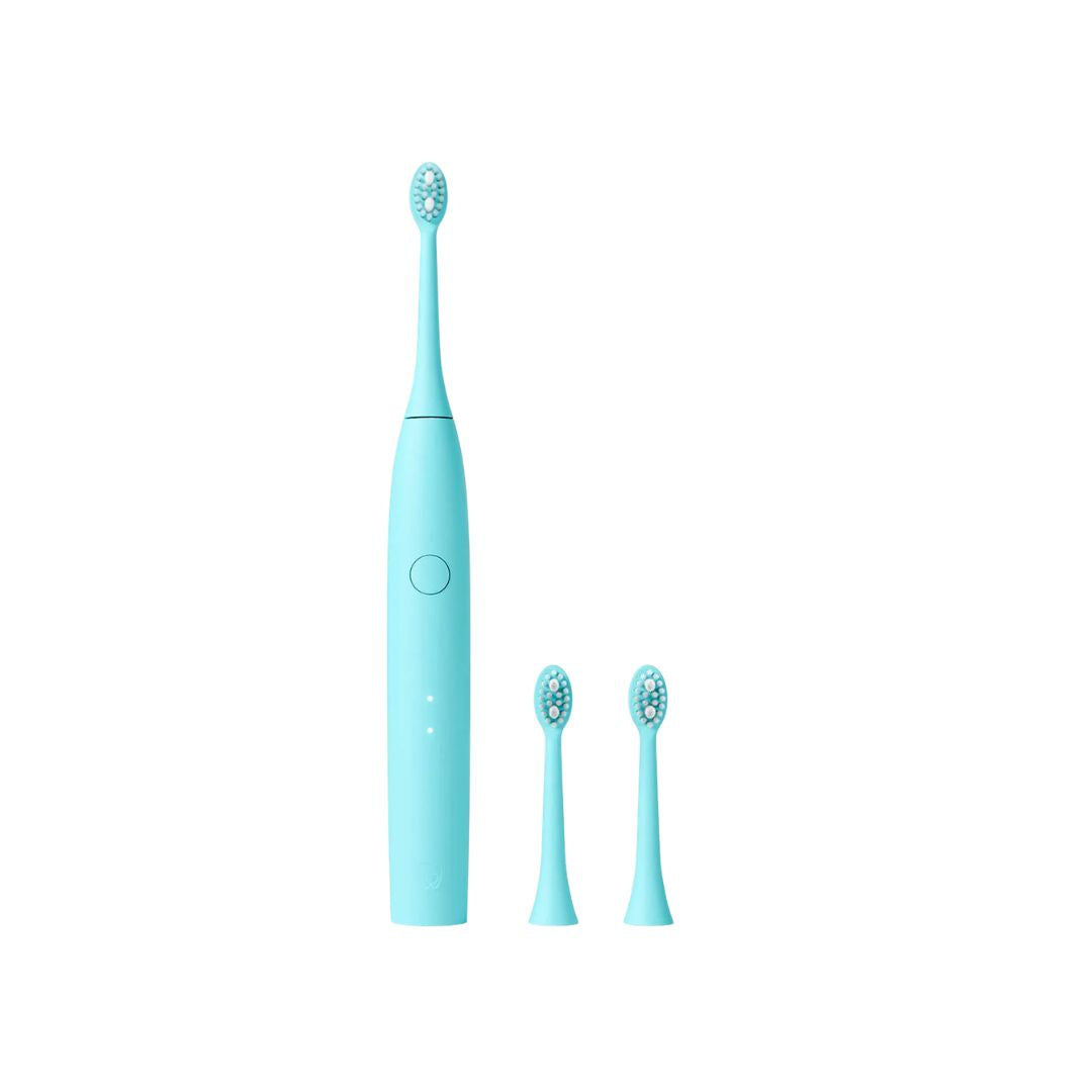 A light blue electric toothbrush with two matching replacement brush heads, shown on a plain white background.