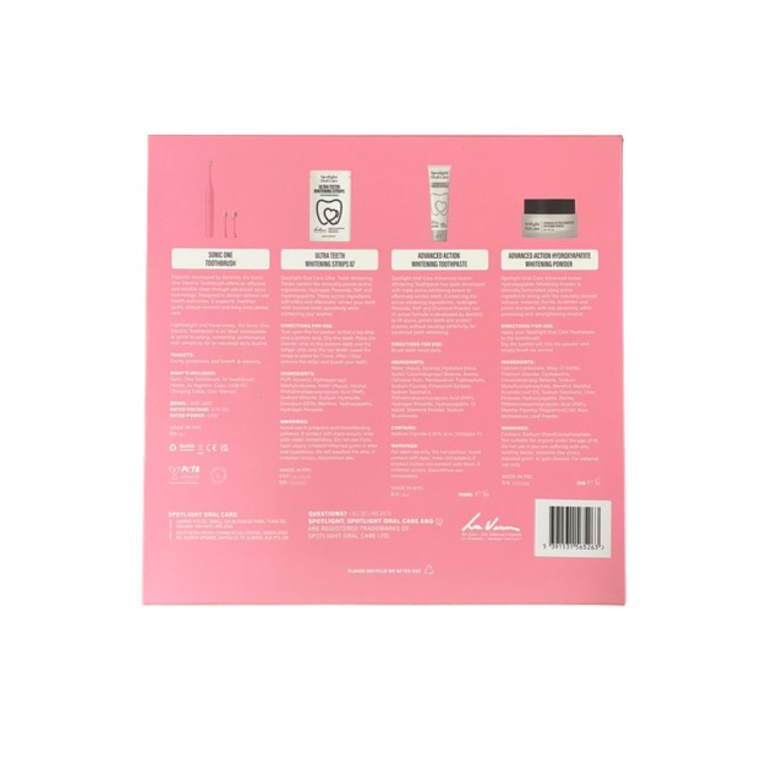 The back of a pink skincare product box, showing ingredient lists, product images, and a barcode on a plain white background.