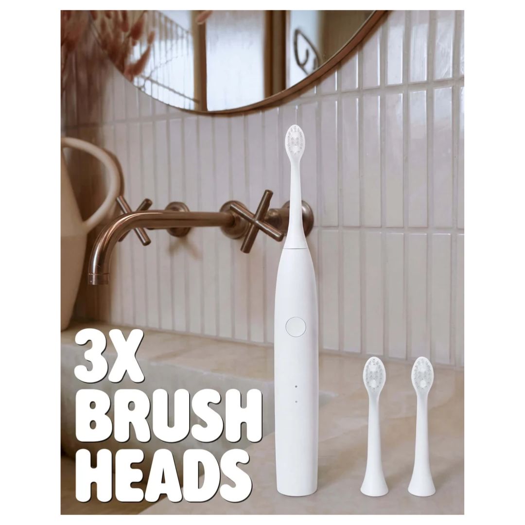Spotlight Oral Care Sonic One Electric Toothbrush – White '3X Brush Heads' graphic on a tiled bathrrom background