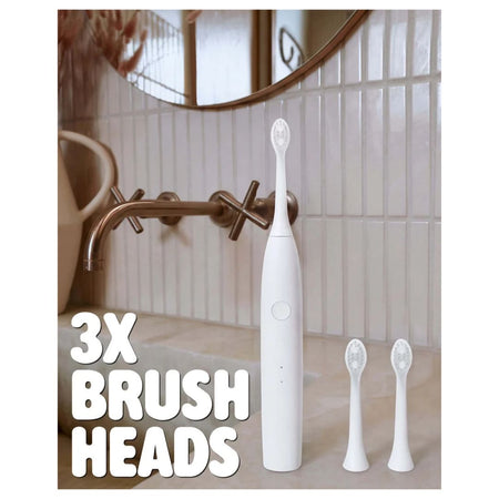 Spotlight Oral Care Sonic One Electric Toothbrush – White '3X Brush Heads' graphic on a tiled bathrrom background