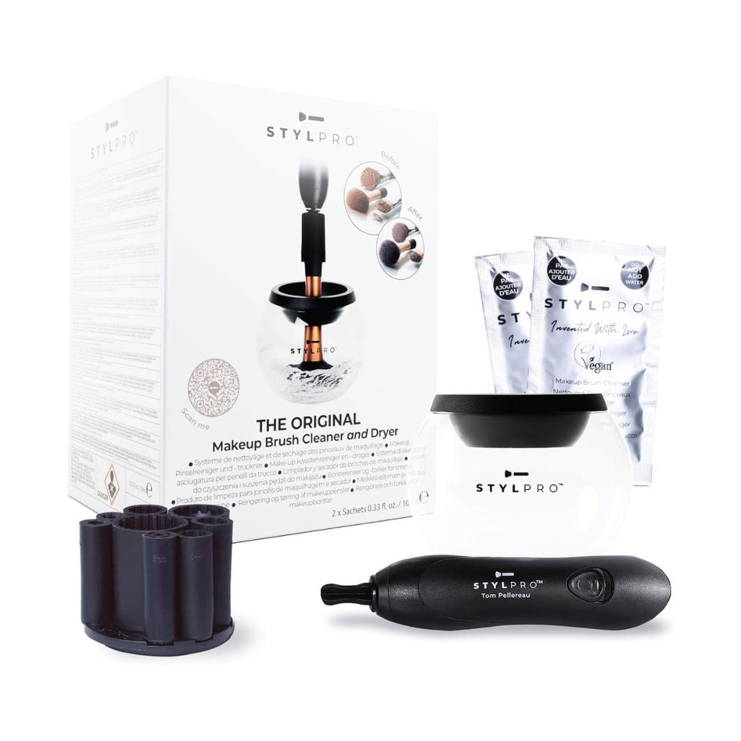 STYLPRO Original Makeup Brush Cleaner and Dryer box and contents on a white background