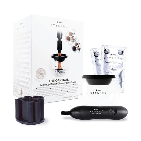 STYLPRO Original Makeup Brush Cleaner and Dryer box and contents on a white background