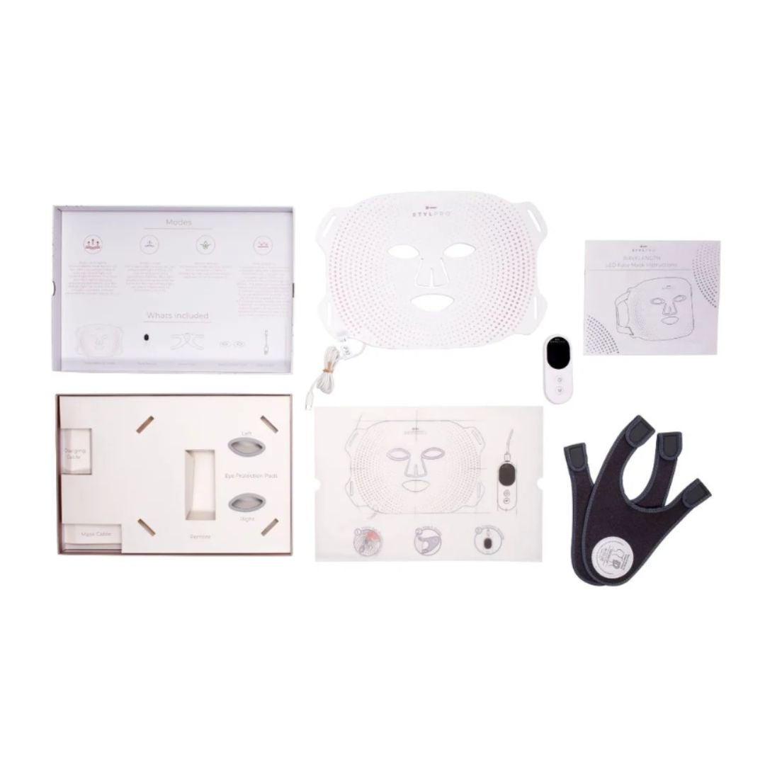 STYLPRO Wavelength LED Face Mask contents aid out on a white background