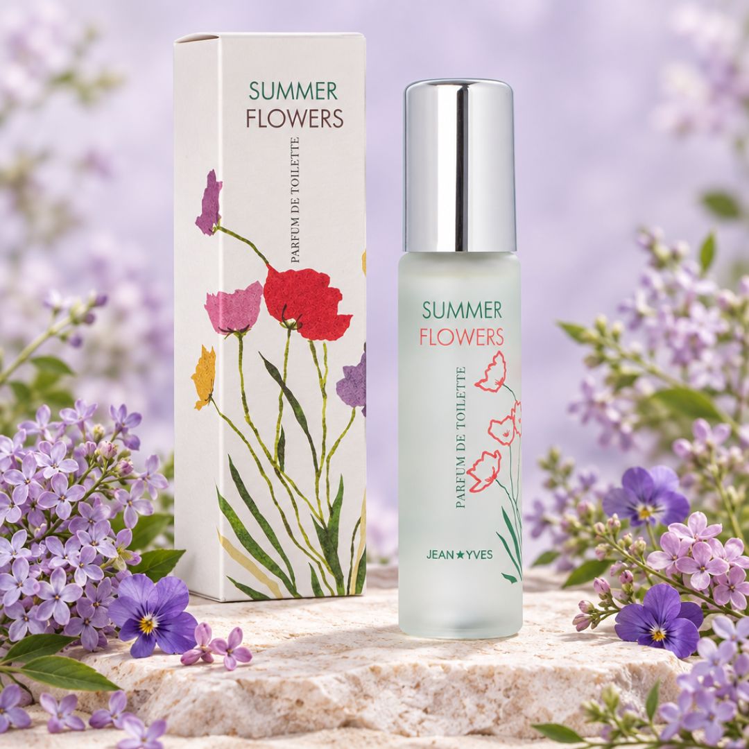 Milton Lloyd Summer Flowers Parfum de Toilette on a marble board surrounded by flowers