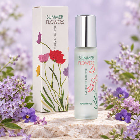 Milton Lloyd Summer Flowers Parfum de Toilette on a marble board surrounded by flowers