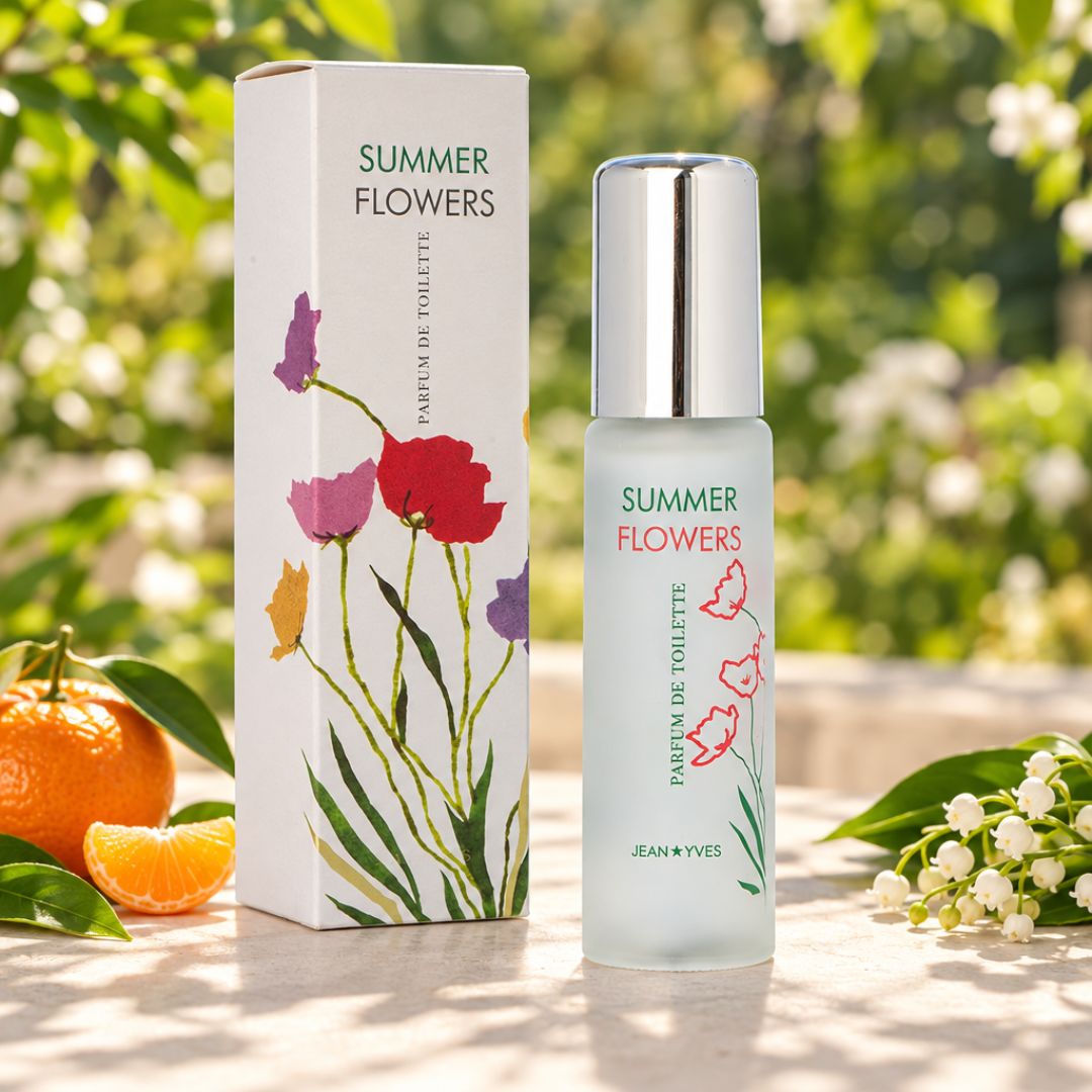 Milton Lloyd Summer Flowers Parfum de Toilette on a marble countertop on a green foliage
