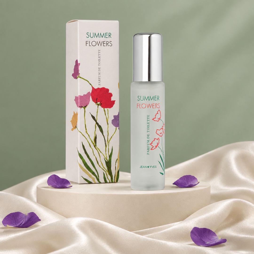 Milton Lloyd Summer Flowers Parfum de Toilette on a podium surrounded my satin and petals