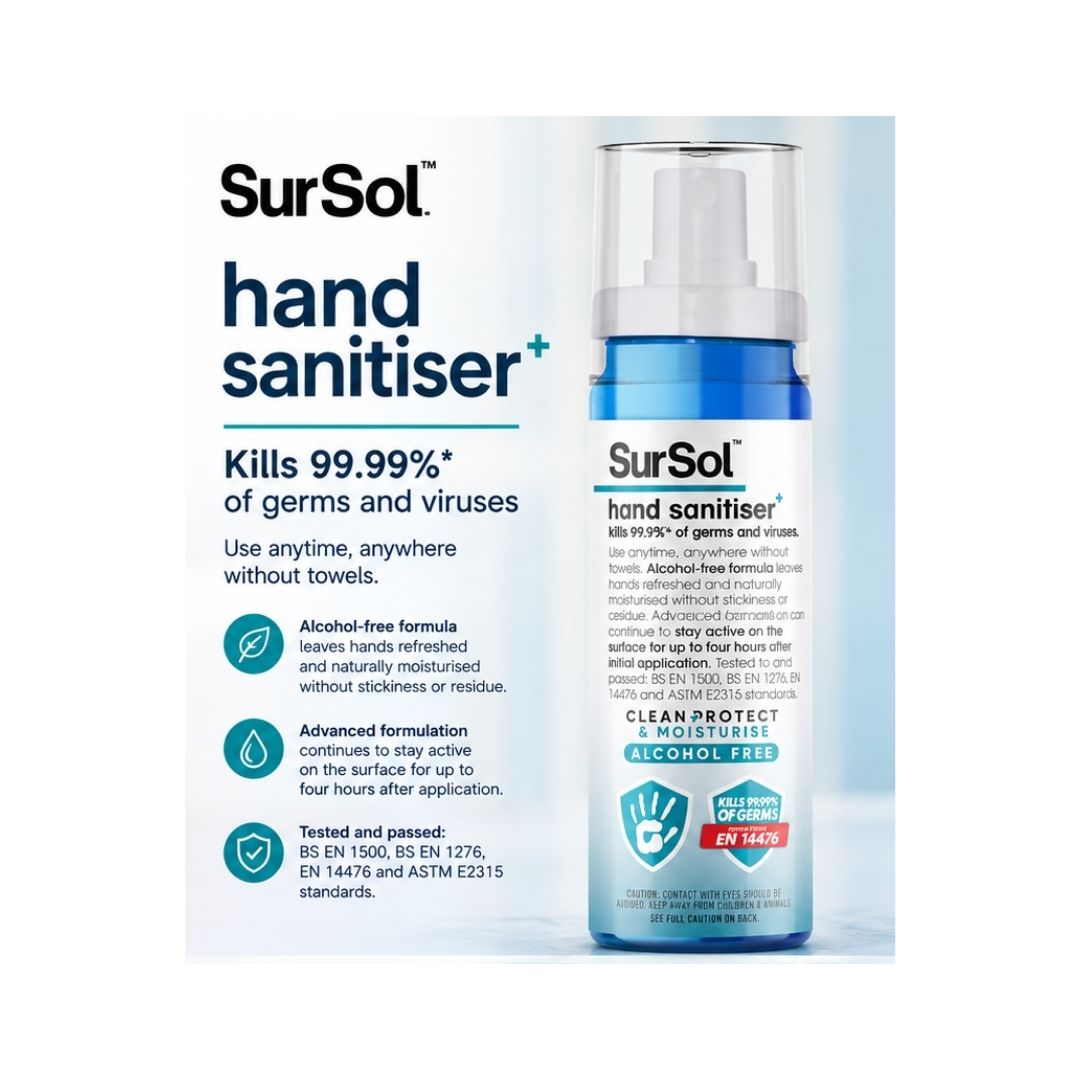 SurSol Alcohol-Free Hand Sanitiser 100ml bottle on a blue background with product information to the left of the image